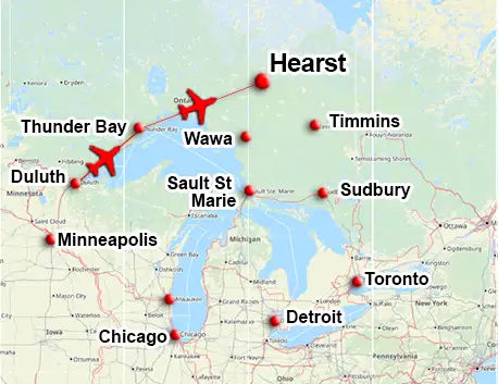 Charter flight route to Hearst Ontario